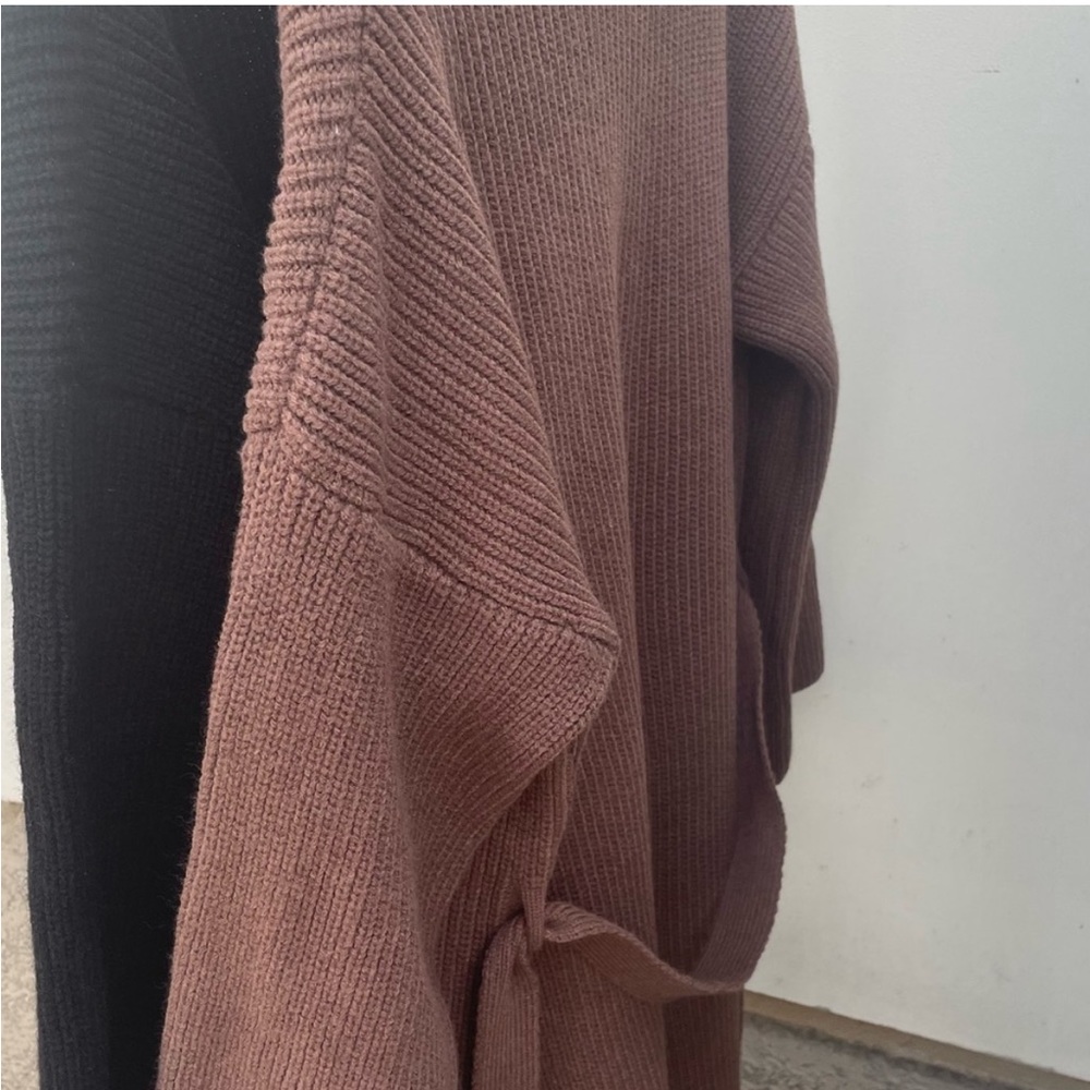 Chunky Below Knee Rib Belt Pocket Brown Cardigan Coat Maxi duster long sweater - Picture 8 of 10